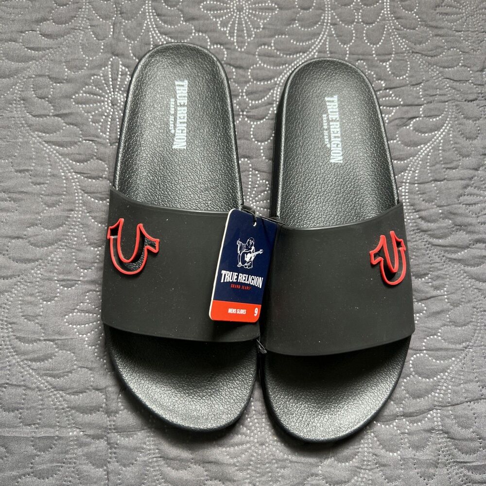True Religion Sandals Men’s Brand Black Red Logo Peep Thru Slides Pool SZ9 NWT